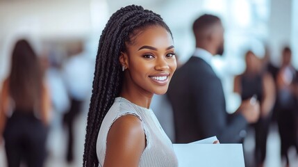 A stylish woman with long braids beams with happiness amidst a lively crowd at a vibrant networking event