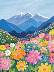 Sticker - minimalism, the minimalist style, mountains full of flowers,Henry Matisseâ€™s colors, Henry Matisseâ€™s lithograph, Isometric Anime style,simple quirky water color inspired illustrations,The New Yorke