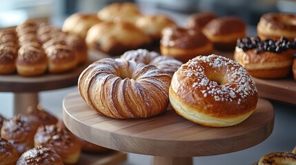 Bakery shop products  various kinds of baguette bagel donut croissant rolls bread puff pastry powdered sugar delicious pies Neutral background Food from bakeries : Generative AI