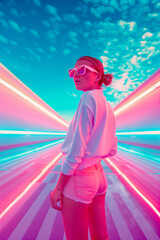 Poster - A woman is standing in front of a neon sign with a pink and blue background