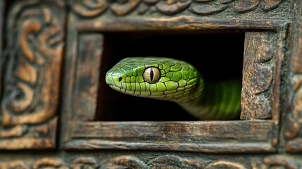 Sticker - Green serpent emerging from a beautifully carved wooden box.