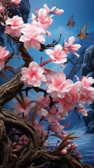 Wall Mural - oil painting butterflies, A large pink blooming lilys, oil painting, warm colors  