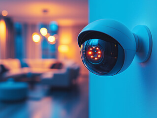 A surveillance camera is securely installed on the wall, providing a watchful eye over a contemporary living room filled with cozy furniture and soft lighting, creating a safe environment