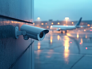 A surveillance camera is installed on a wall, capturing the airport runway at dusk, where an airplane is preparing for takeoff amidst rain-soaked surfaces