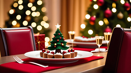 christmas eve scene table set family dinner christmas tree background