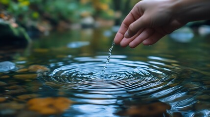 Poster - hand is dipping into a body of water creating ripples in the water The scene is peaceful and calming with the water reflecting the surrounding trees and rocks : Generative AI