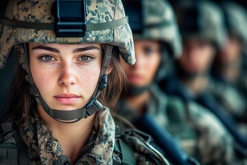 Female soldier in uniform stands at attention during military training, copy space, armed forces, united states army