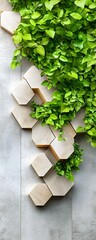 Poster - Green Wall with Wooden Hexagon Panels.