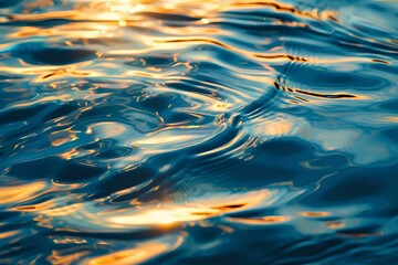 Wall Mural - reflection of the setting sun on the water surface, golden light, ripples and waves on a dark background, top view. Abstract texture for design, print or wallpaper