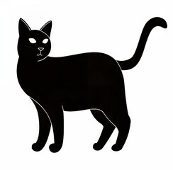 Stylized silhouette of a black cat with a curved tail and bright eyes.