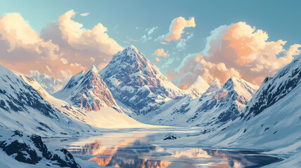 Poster - A snowy mountain range with a lake surrounded by snow covered mountains in the foreground and a cloudy sky in the background, with a few clouds in the foreground. generative ai. Mountain. Illustration