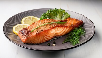 cooked trout steak on a plate with herbs and vegetables