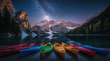 Kayak boat in still quiet lake water with snow mountain forest and milky way starring night sky