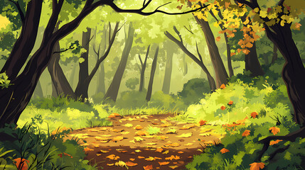 Artistic composition showcasing a lush green forest with fallen leaves and tree branches. Forest. Illustration