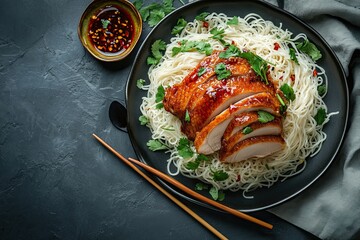 Wall Mural - Duck plate with chilli sauce, noodles, spoon and chopsticks served in dish isolated on napkin top view of hong kong food