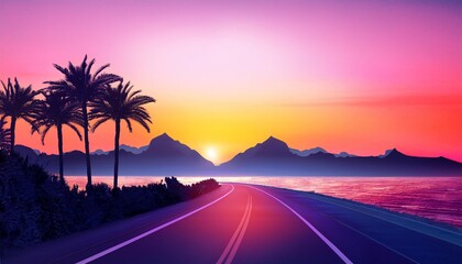 Canvas Print - road with palm trees and mountains in the background flat synthwave art style road at sunset stretching into the distance against the backdrop of the ocean or sea and mountains palm trees