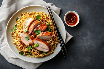 Wall Mural - Duck plate with chilli sauce, noodles, spoon and chopsticks served in dish isolated on napkin top view of hong kong food