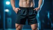 © Vee - Stylish athletic shorts showcased on a fit male model in a modern gym setting, emphasizing comfort and performance.