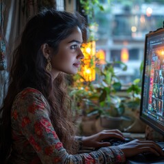 Wall Mural - Female shoulder view of Indian girl video chatting with friend on computer. 