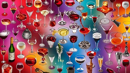 Wall Mural - Collection of various glasses and drinks on color background