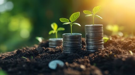 Green business growth or green investment and Finance sustainable development concept Stack of silver coins the seedlings are growing on top with arrow of growth Carbon credit ESG co2  : Generative AI