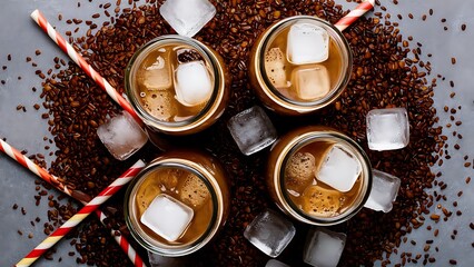 Top view of ice coffee in glass jars near straws, coffee grains and ice cubes on grey background