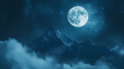 Poster - A luminous full moon ascends in the night sky above a mountain peak, casting a mystic aura on misty clouds, presenting a serene nighttime scene with a copy space image. Mountain. Illustration