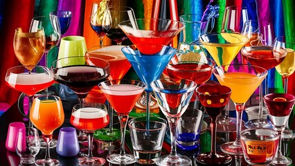 Wall Mural - Collection of various glasses and drinks on color background