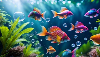 vibrant fish swim among leaves and bubbles in a whimsical ocean setting