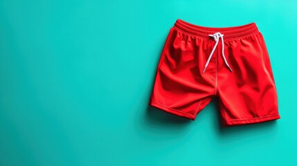 Vibrant red swim shorts on a bright turquoise background, perfect for summer vacation and beach activities.