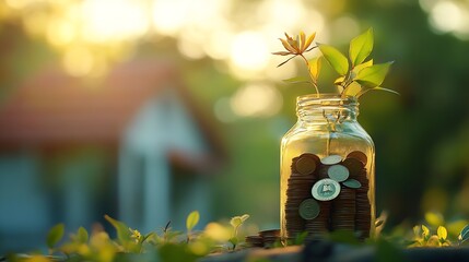 Poster - MortgageModel house and stack of coins money in the glass bottle on natural green backgroundBusiness investment and real estate concept : Generative AI