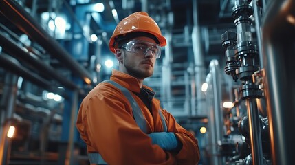 Poster - Young engineer working at large factoryTechnician in protective uniform and with hardhat  checking temperature in pipes : Generative AI