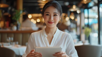 One woman businesswoman sit at the table at cafe or restaurant manager use digital tablet at work mature female entrepreneur doing business online real people copy space happy smile : Generative AI