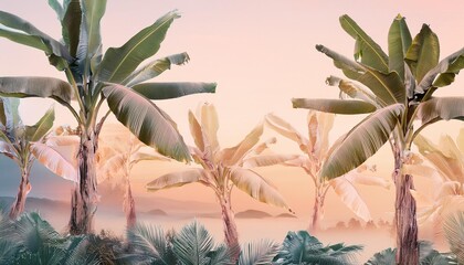 banana tree wallpaper design with pastel tones tropical landscape mural art