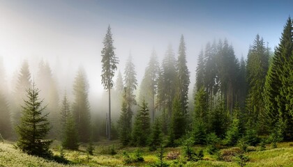 Wall Mural - panorama of natural spruce forest with morning fog