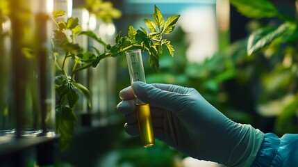 agriculture nature growth science researcher eco chemical laboratory farming organic researcher of hands hold a test tube and research paper for memo sample organic agriculture laborat : Generative AI