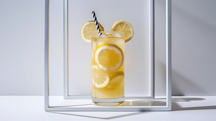 Lemonade with lemon slices and ice on white background 2