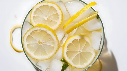 Lemonade with lemon slices and ice on white background 2