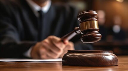 Aufkleber - Judge hammer with judge lawyer businessman in suit working on legal documents in courtroom justice and law lawyer judge court concept vertical picture : Generative AI