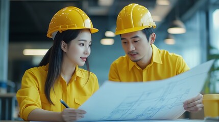 Poster - Two Asian professional engineers are discussing construction blueprints wearing yellow shirts doing big work and discussing large white plan paper on the table in the office : Generative AI