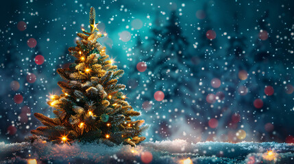 Wall Mural - Snow-covered christmas tree with twinkling lights in a snowy forest at night, illuminated by falling snow