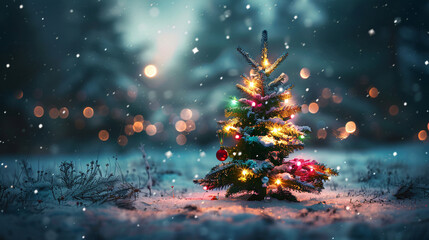 Aufkleber - Snow-covered small christmas tree in a winter wonderland forest lit up by string lights on a magical snowy night