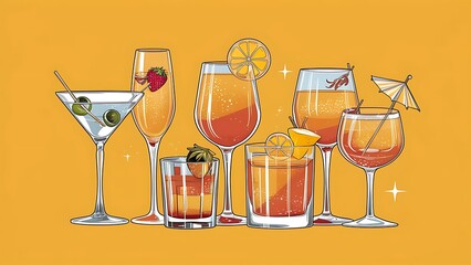 A variety of alcoholic drinks on yellow background