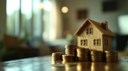 Poster - Wood house and row of coin money on wood table and  selective focus Planning to buy property Choose whats the best A symbol for construction ecology loan concepts : Generative AI