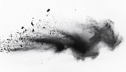 abstract dusty and grungy scratch texture material or surface the particles of charcoal splatted on white background black dust particles explode isolated on white background