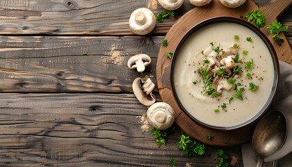 Poster - Mushroom cream soup. Vegan food. Dietary menu. Top view. Flat lay.