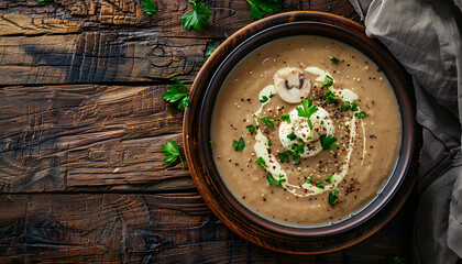 Poster - Mushroom cream soup. Vegan food. Dietary menu. Top view. Flat lay.