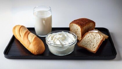 Wall Mural - kraft philadelphia cream cheese spread on a black tray with loaves of bread cheese and a glass of milk