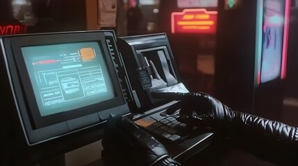 Wall Mural - futuristic digital workspace with cyberpunk inspired neon displays and programming interfaces