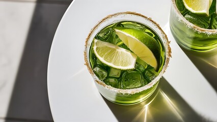 Close up view of refreshing caipirinha cocktails with lime on tabletop on white